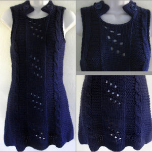 Sleeveless sweater dress S Dark blue Wool bl Short Cable knit Mini Tunic Hazel